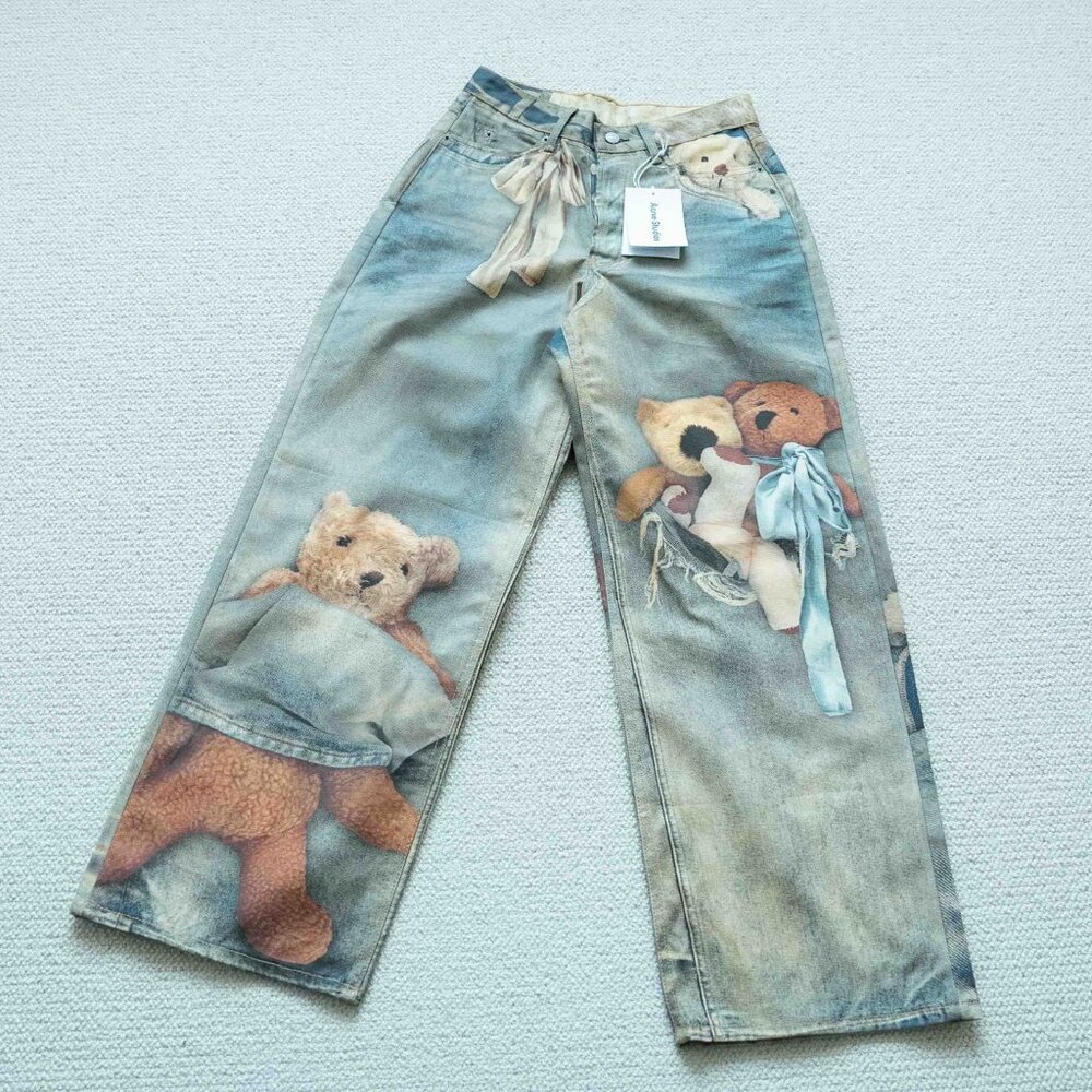 Acne Studios Wide-Leg Denim Trousers With Bear Print
